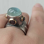 Украшения handmade. Livemaster - original item Silver ring with aquamarine and garnets. Handmade.