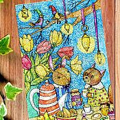 Поздравительная открытка с кошкой и цветами