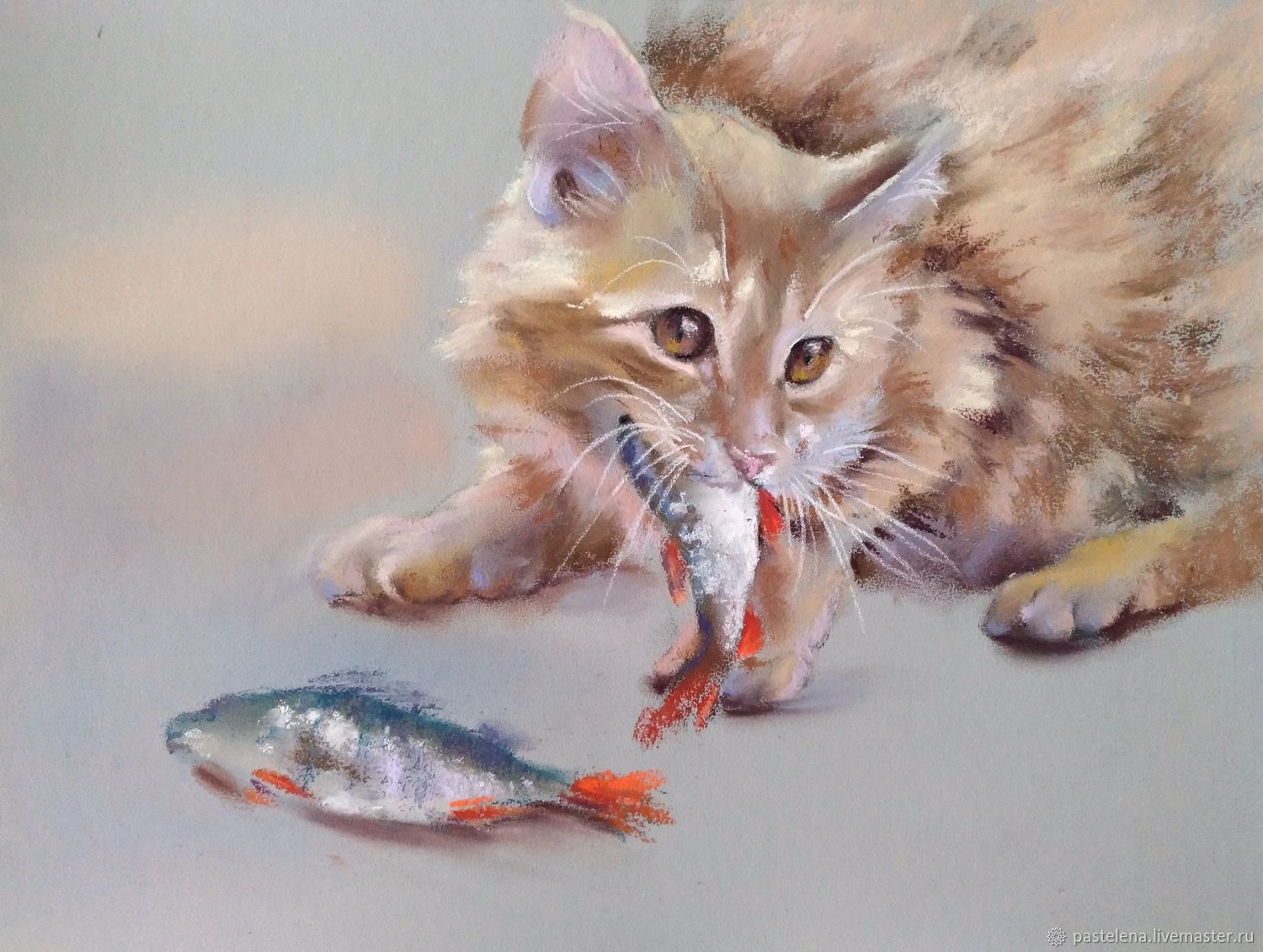 Pastel painting of cat and perch (grey beige red), Pictures, Yuzhno-Uralsk,  Фото №1