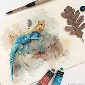 Картины и панно handmade. Livemaster - original item Lizard in the sun. Watercolor. ( Turquoise, brown, orange, red). Handmade.