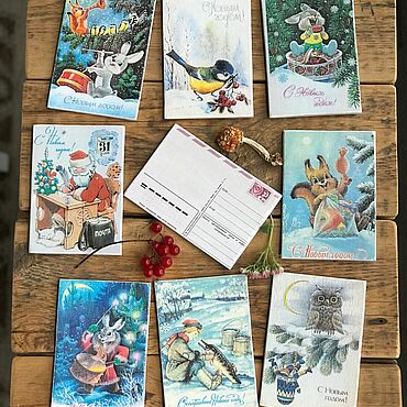 Новогодние открытки СССР, подборка (19 штук, чистые). Новый год, Дед Мороз, Снегири, Елка.