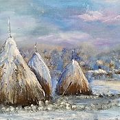 Картина маслом Зимний пейзаж Домик в лесу