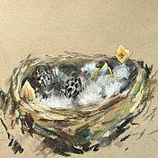 Картины и панно handmade. Livemaster - original item Chicks in the nest Pastel painting. Handmade.