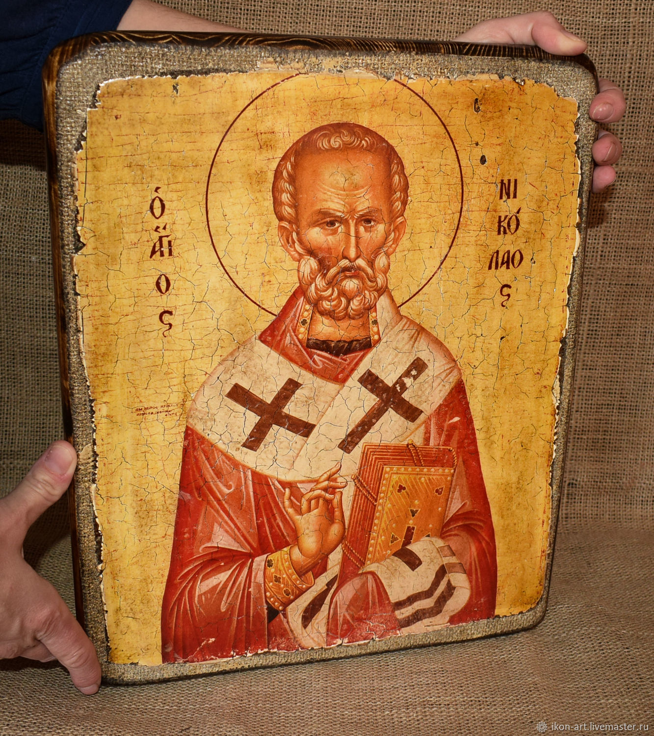 The icon `Saint Nicholas` Wood, canvas, gesso. Large size 30*37 cm. Hand work.
