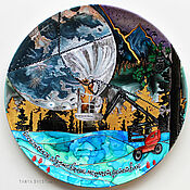 Картины и панно handmade. Livemaster - original item Decorative plate Aphorisms - cat with Moon mountain landscape D32 cm. Handmade.