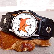 Украшения handmade. Livemaster - original item Wristwatch Fox on black orange leather bracelet. Handmade.
