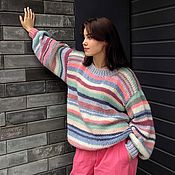 Одежда ручной работы. Ярмарка Мастеров - ручная работа Pullover women`s knitted oversize pink striped in stock. Handmade.