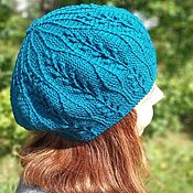 Openwork knitted women summer beret cotton Sand and Turquoise