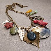 Украшения handmade. Livemaster - original item Necklace on a chain with shells and corals bronze pink green leaf. Handmade.