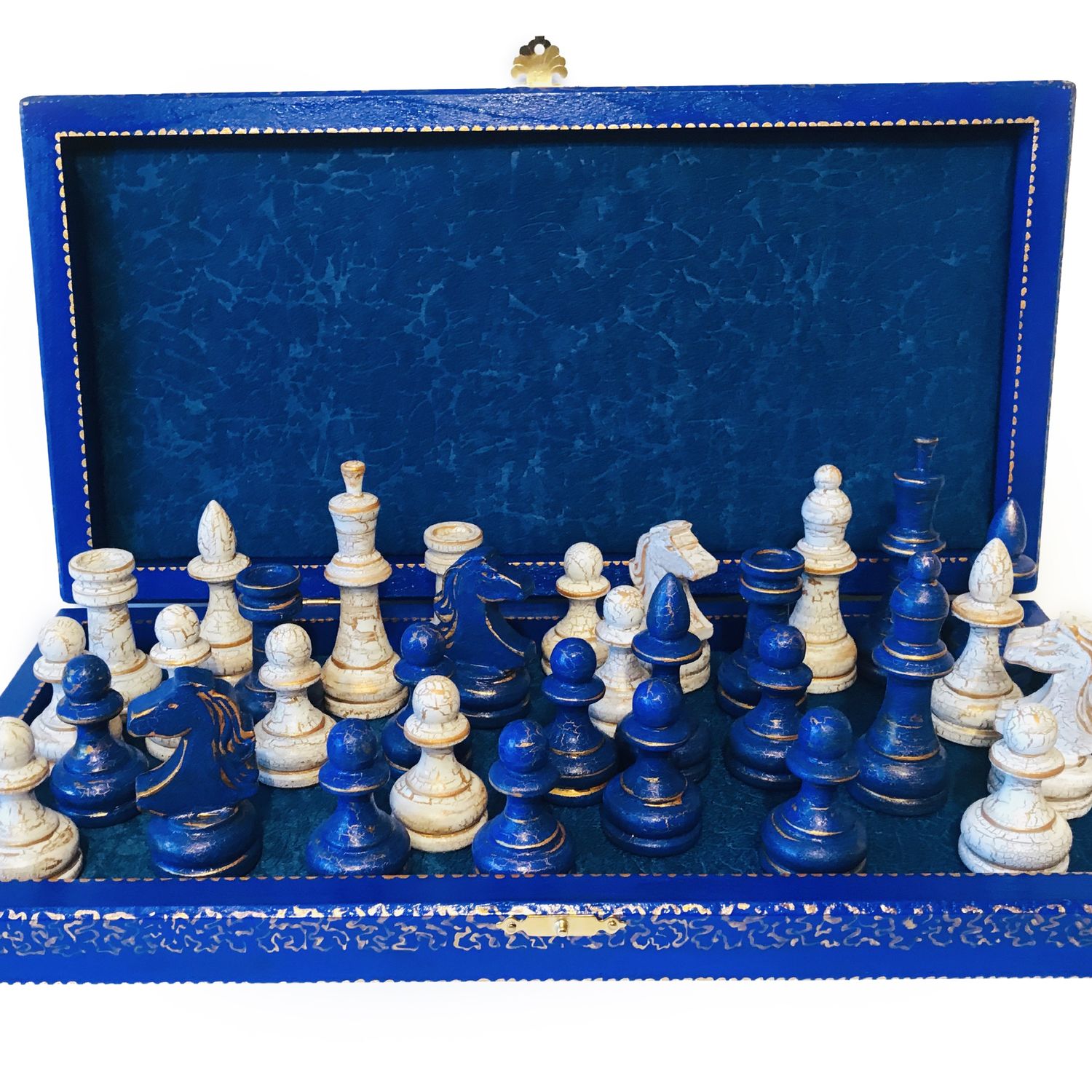 Шахматы Магистр подарочные сине-белые состаренные с кракелюром ...
