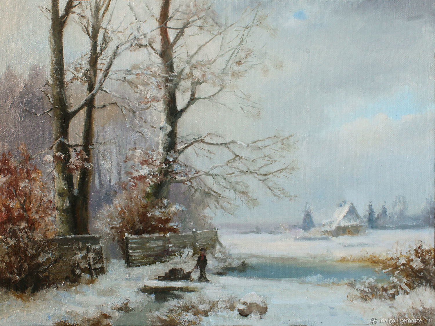 A Winter's Evening in landscape river Art Oil painting Anders Andersen-Lundby 