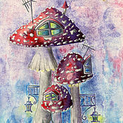 Картины и панно handmade. Livemaster - original item Watercolor painting Fly Agaric houses with lanterns. Handmade.