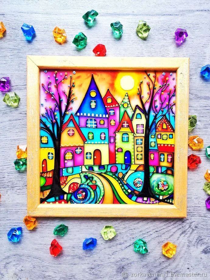 Картины: Витражная картина Разноцветные домики 22х22 см купить в ...