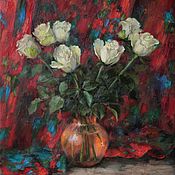 Картины и панно handmade. Livemaster - original item Roses on a red scarf. Oil painting on canvas. Handmade.