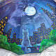 Зонт-трость с росписью Огни большого города. Кот и луна, Зонты, Санкт-Петербург,  Фото №1