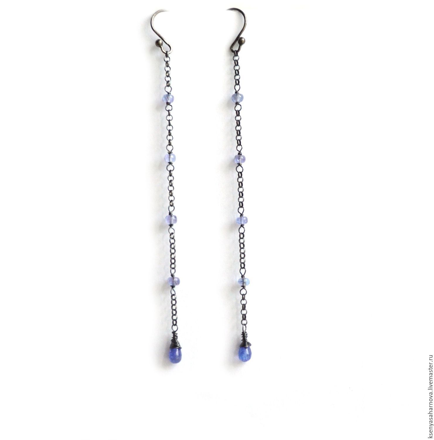 Earrings Chain Long Tanzanite 925 Silver With Black Online Long Thin Earrings Made Of Silver 925 With Black And Tanzanite Ksenia Sakharnova