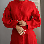 Одежда handmade. Livemaster - original item Linen dress with a stand-up collar in red. Handmade.