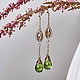 long drop earrings, smoky crystal earrings, drop earrings, green earrings, gold jewelry, Oriental style
