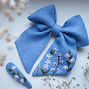 Украшения handmade. Livemaster - original item Blue bow - linen, Daisy embroidery. Handmade.