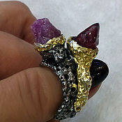 ring silver 925, black rhodium, genuine rubies