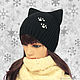 Hat with ears-Cat knitted Cat paws black, Caps, Orenburg,  Фото №1