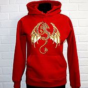 Одежда handmade. Livemaster - original item Red sweatshirt with embroidery gold dragon hoodie with dragon. Handmade.