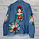 Denim jacket with dolls and Zhostovo painting handmade, Outerwear Jackets, St. Petersburg,  Фото №1