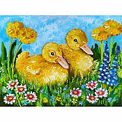 Картины и панно handmade. Livemaster - original item Picture Ducklings in a flower meadow 20 x 15 Picture in the nursery. Handmade.
