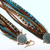 Bright long light green-blue earrings with a large peacock feather