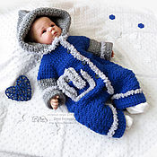 Работы для детей, handmade. Livemaster - original item Newborn gift: Knitted jumpsuit with hood blue grey. Handmade.