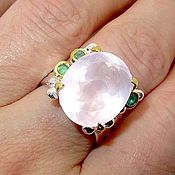 Серьги и кольцо с розовым кварцем серебряные