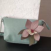 Cosmetic bag leather . Cosmetic bag genuine leather Poppies green