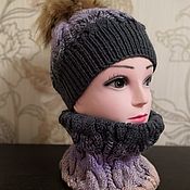 Одежда детская handmade. Livemaster - original item Knitted children`s set: a hat with a fur pompom and a snood. Handmade.