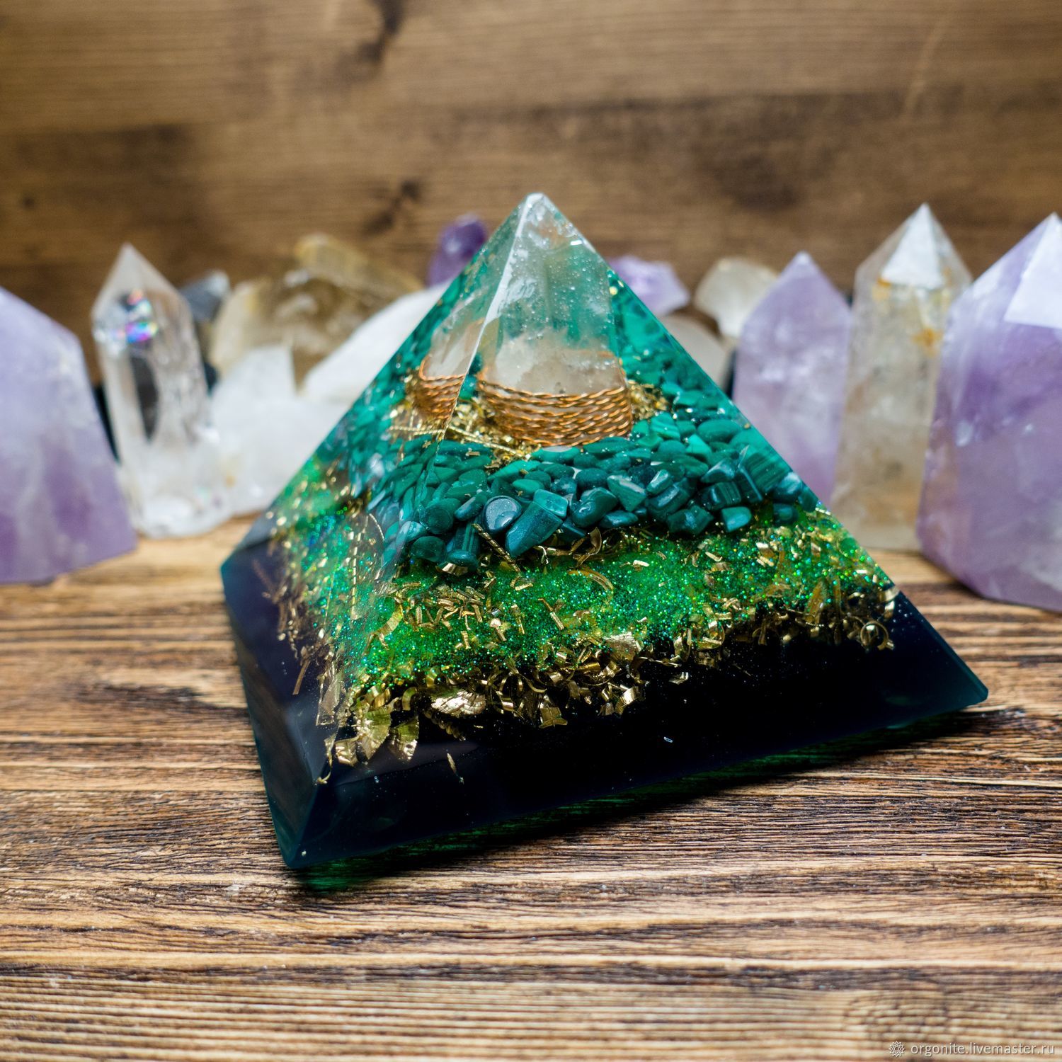 rocks on decoupage Orgonite space: Crystal, Quartz harmonizer Malachite