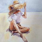 Картины и панно handmade. Livemaster - original item Watercolor painting Beach girl (straw beige blue). Handmade.