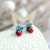 Украшения handmade. Livemaster - original item Stud earrings forget-me-not with ladybug handmade. Handmade.