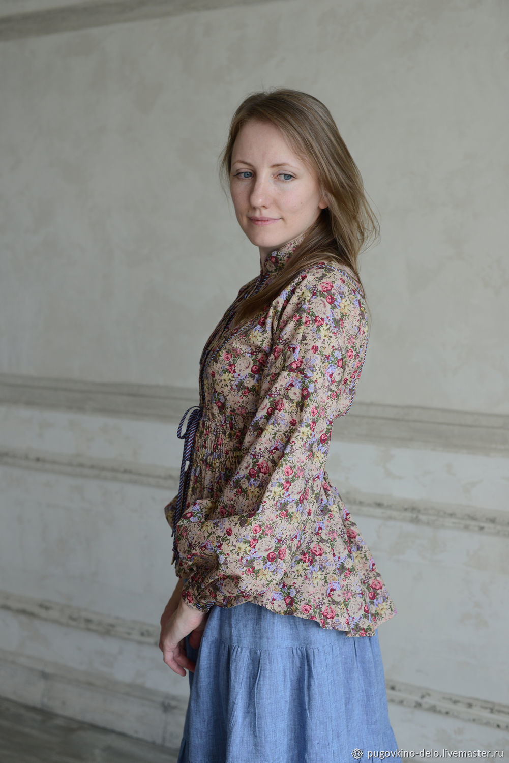 Cotton shirt drawstring waist coat (beige, purple), Blouses, Kemerovo,  Фото №1