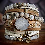Набор браслетов из кожи и камней "Нежный клевер"